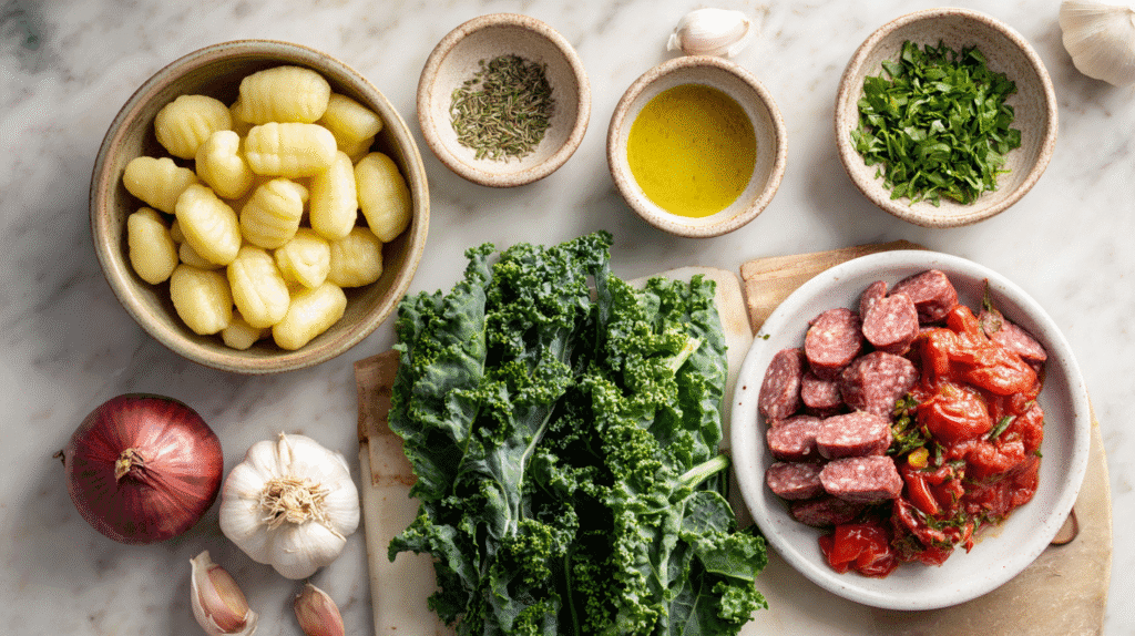 Ingredients for Spicy Sausage Gnocchi Soup with Kale laid out