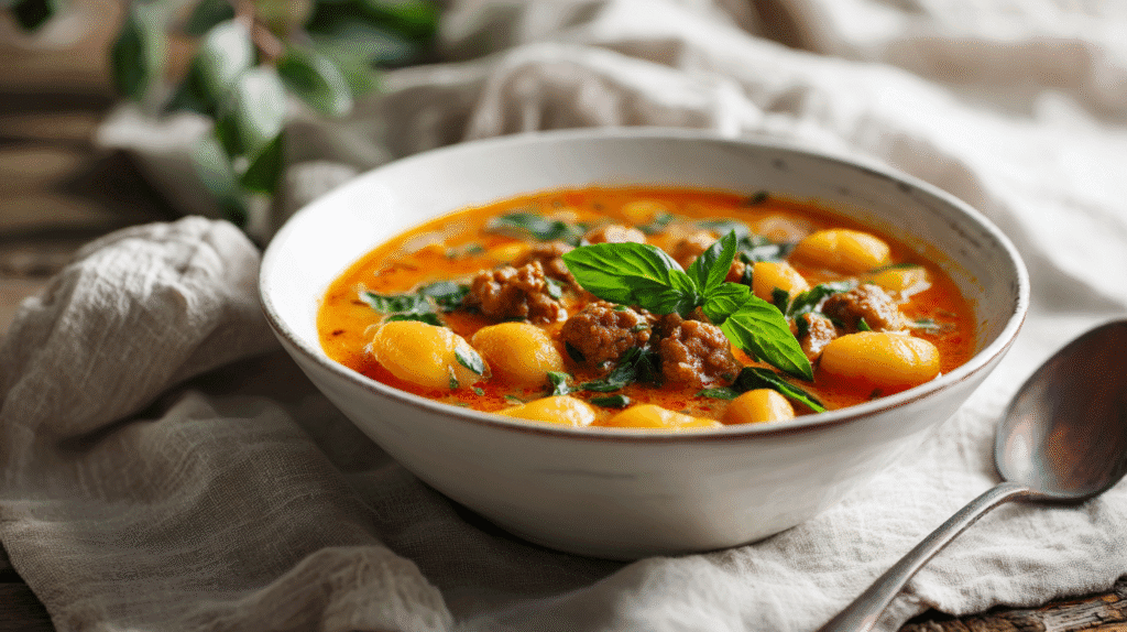 Bowl of dairy free Italian sausage gnocchi soup served with basil