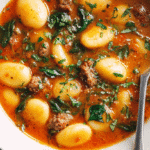 Dairy Free Italian Sausage Gnocchi Soup in a white bowl overhead