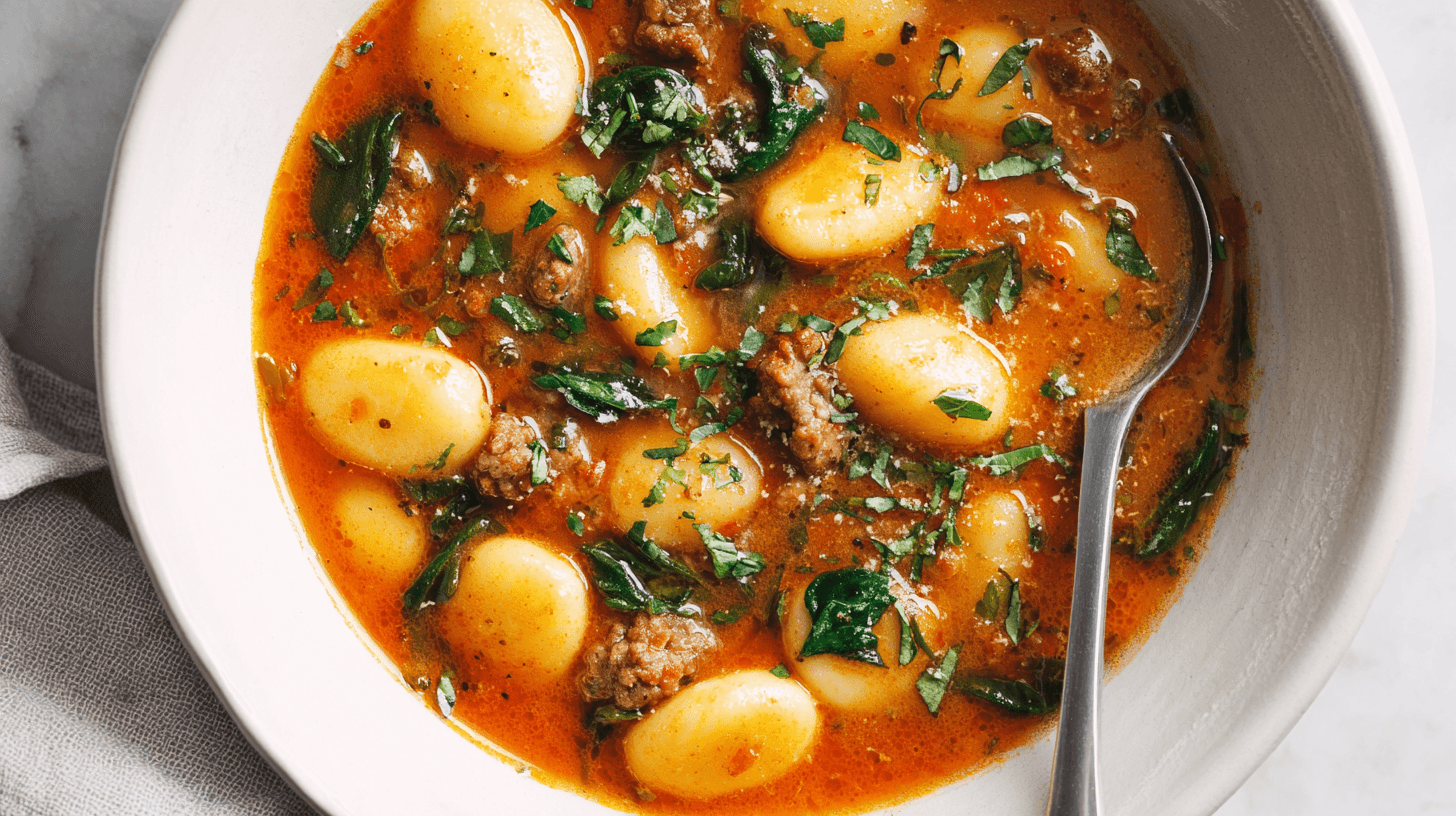 Dairy Free Italian Sausage Gnocchi Soup in a white bowl overhead