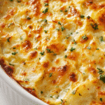 Cheesy Garlic Ranch Potato Bake in a white baking dish close-up