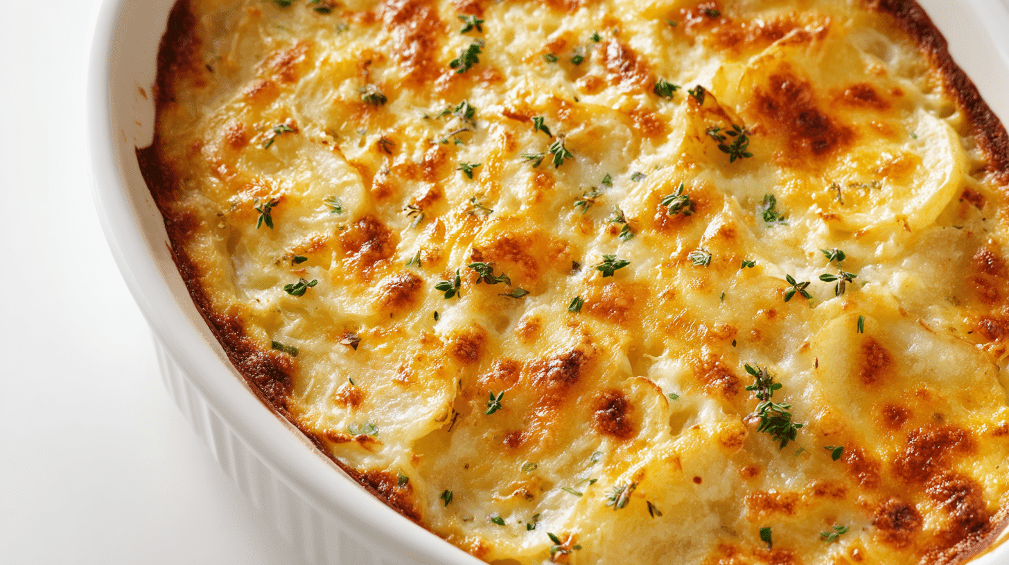 Cheesy Garlic Ranch Potato Bake in a white baking dish close-up