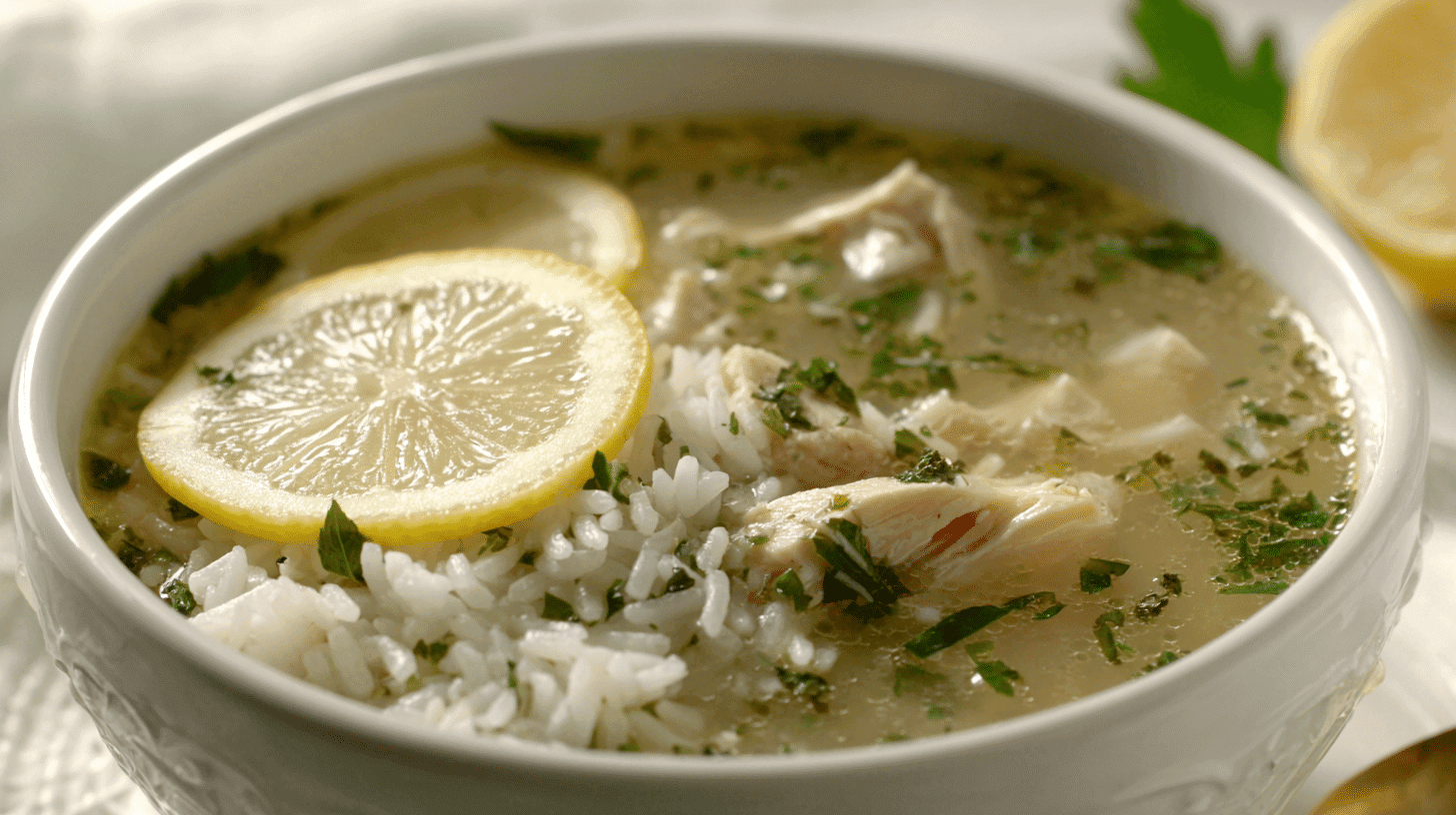Lemon Ginger Chicken Soup with Rice in white bowl close-up