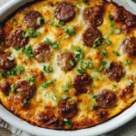 Loaded Ranch Sausage Casserole with golden cheese and green onions