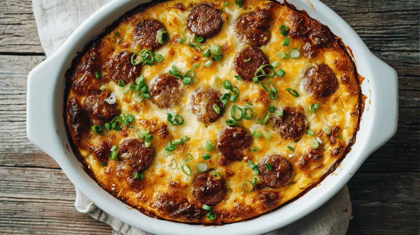 Loaded Ranch Sausage Casserole with golden cheese and green onions