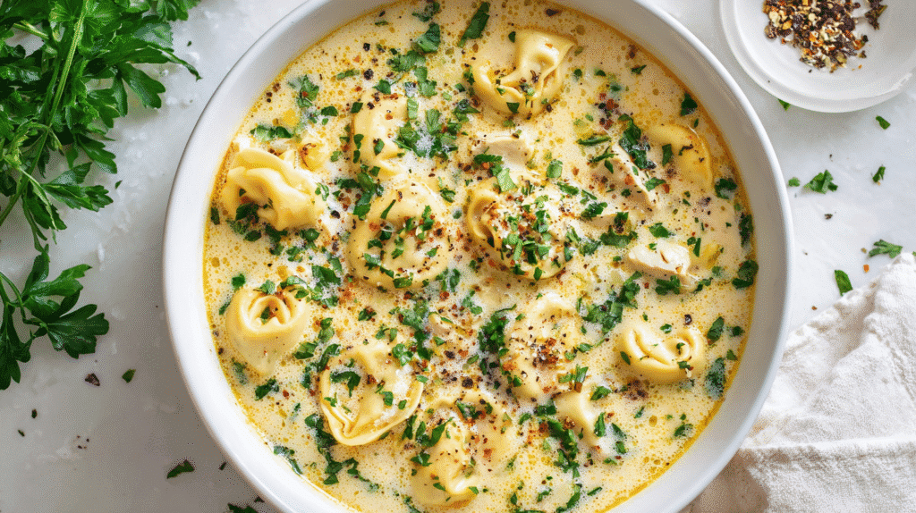Bowl of creamy chicken tortellini soup garnished with herbs