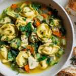 Homemade Chicken & Herb Tortellini Soup in a white bowl with herbs