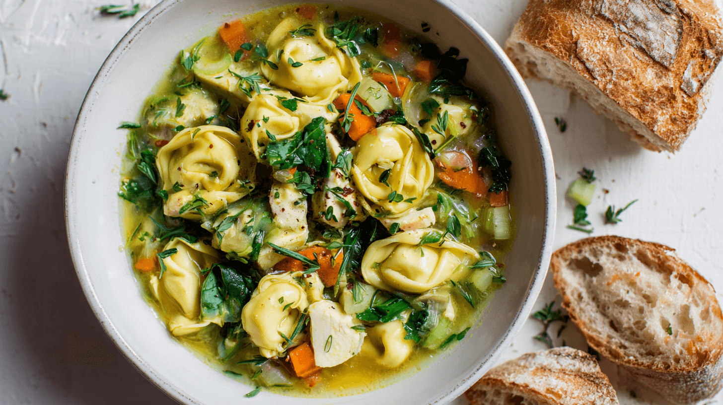 Homemade Chicken & Herb Tortellini Soup in a white bowl with herbs