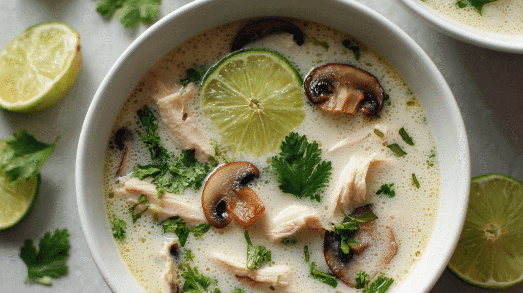 Creamy coconut chicken soup with chicken slices, lime, and cilantro