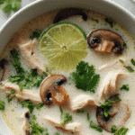 Creamy coconut chicken soup with chicken slices, lime, and cilantro