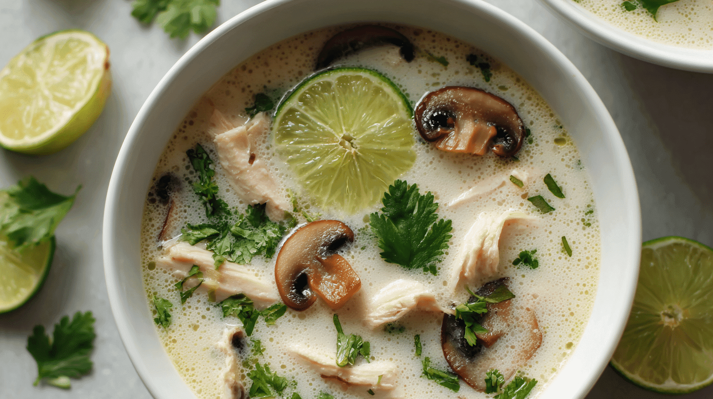 Creamy coconut chicken soup with chicken slices, lime, and cilantro