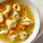 Classic Chicken Tortellini Soup served in white ceramic bowl