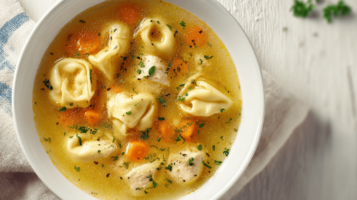 Classic Chicken Tortellini Soup served in white ceramic bowl