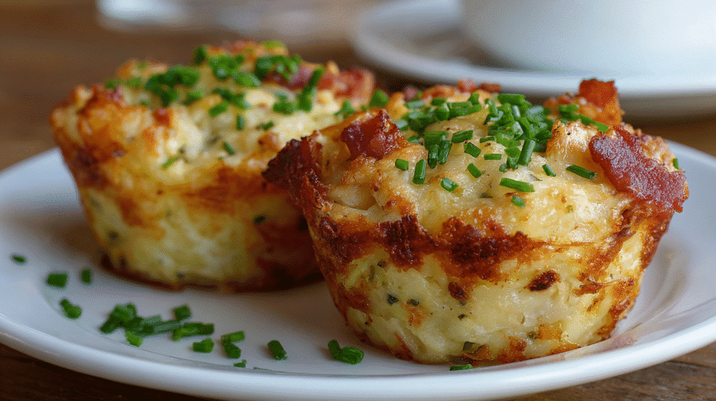 Two Bacon & Sausage Ranch Potato Cups garnished with chives