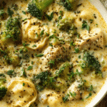 Chicken Tortellini Soup with Broccoli in a white bowl