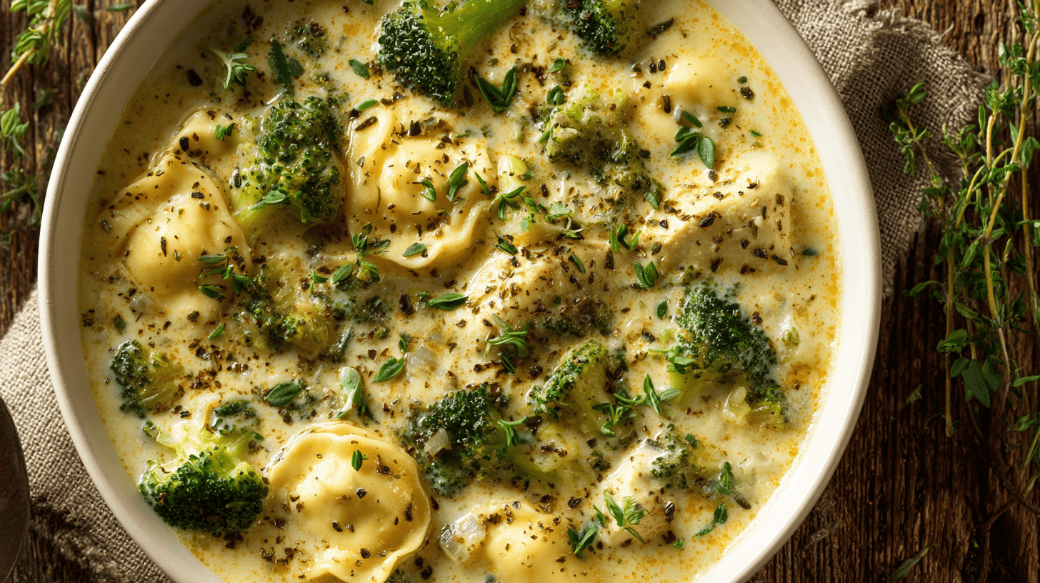 Chicken Tortellini Soup with Broccoli in a white bowl