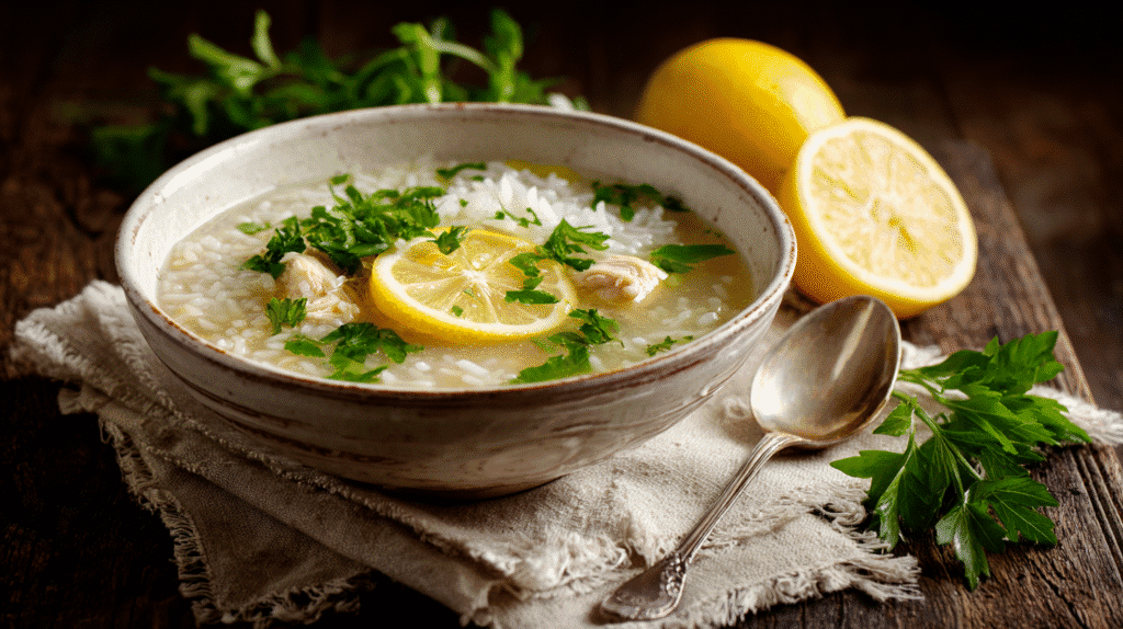 Bowl of Lemon Ginger Chicken Soup with Rice garnished with herbs