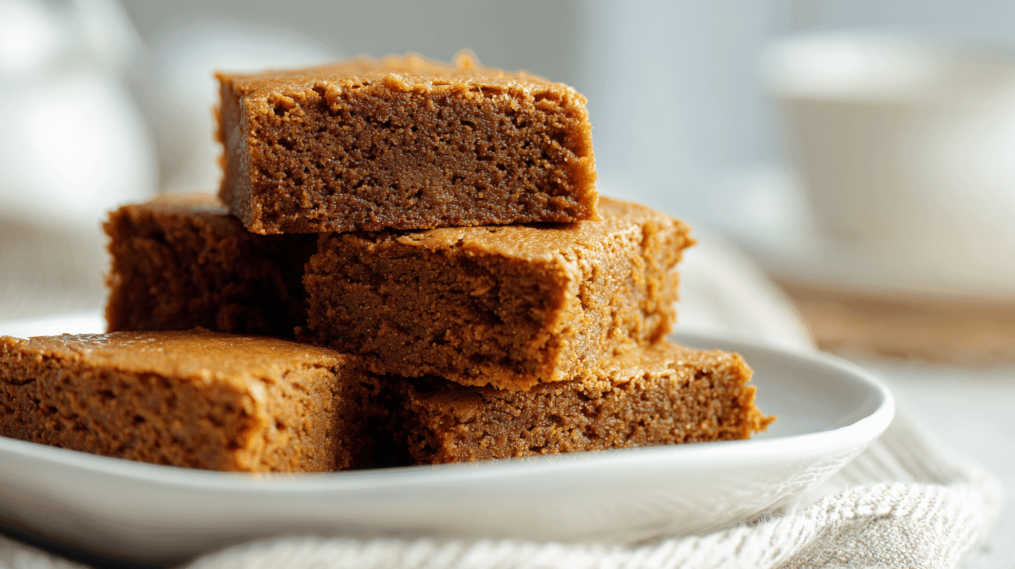 Eggless Peanut Butter Brownies stacked on plate in bright light