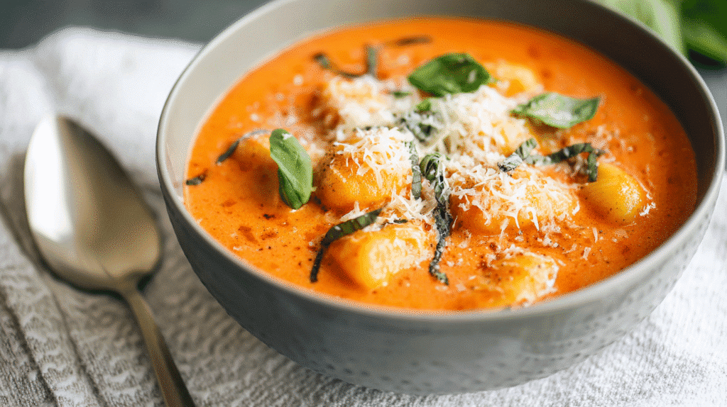 Served One-Pot Creamy Tomato Gnocchi Soup with basil