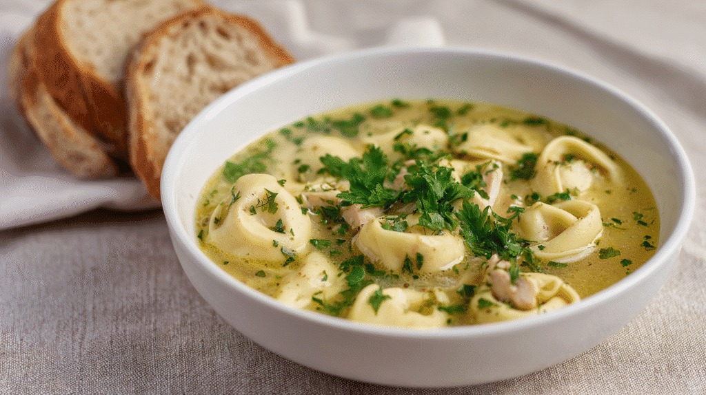Served bowl of Homemade Chicken & Herb Tortellini Soup with bread
