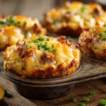 Bacon & Sausage Ranch Potato Cups in rustic muffin tin