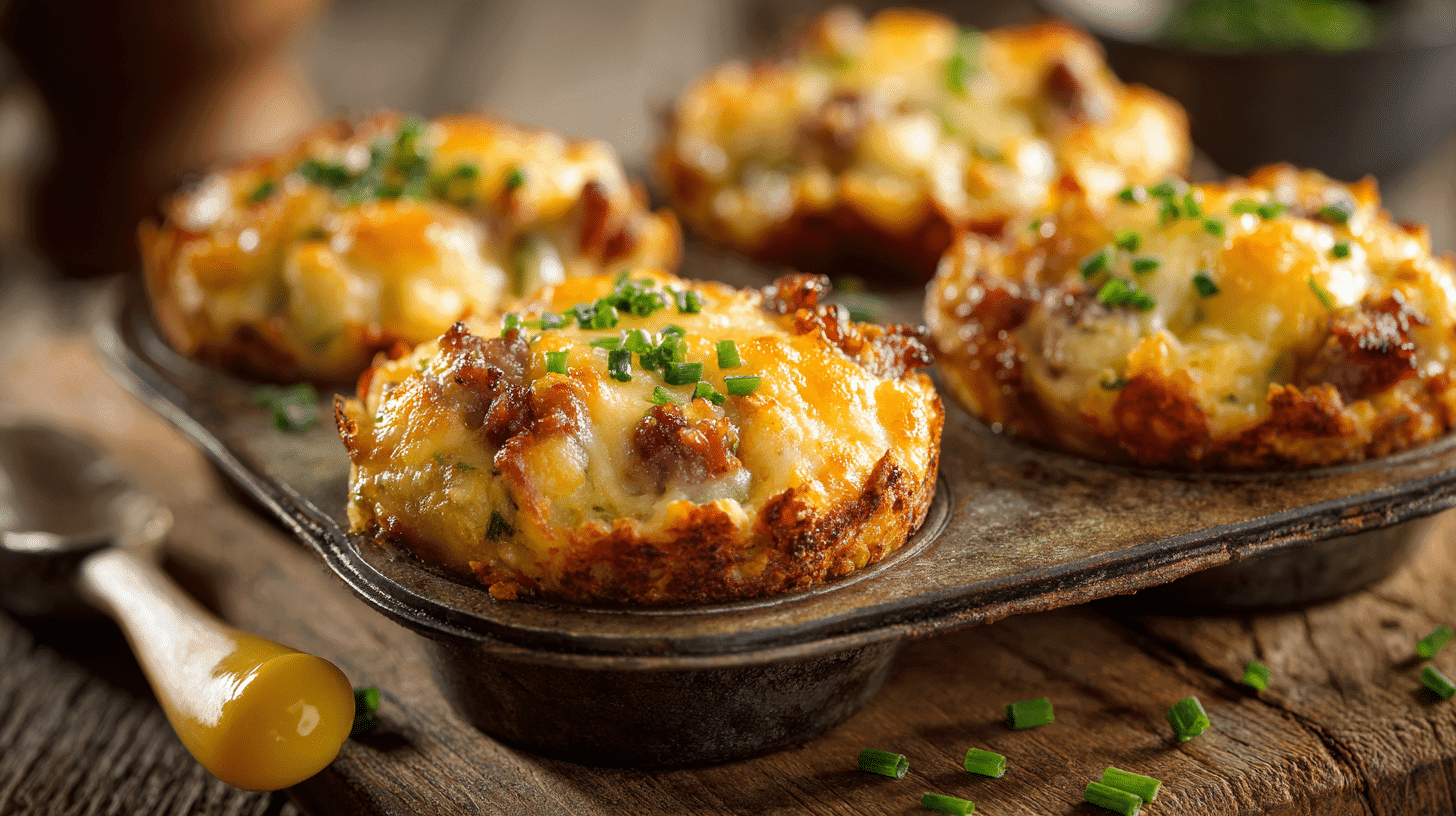 Bacon & Sausage Ranch Potato Cups in rustic muffin tin