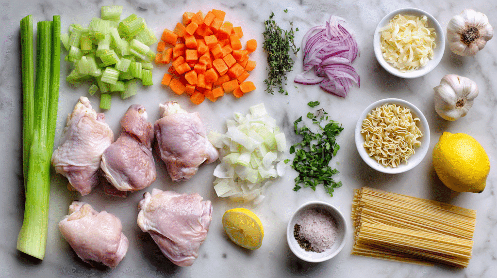 Ingredients for Cozy Healing Chicken Noodle Soup arranged on marble