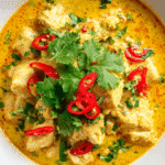 Crockpot Thai Chicken Curry Soup in white bowl with herbs