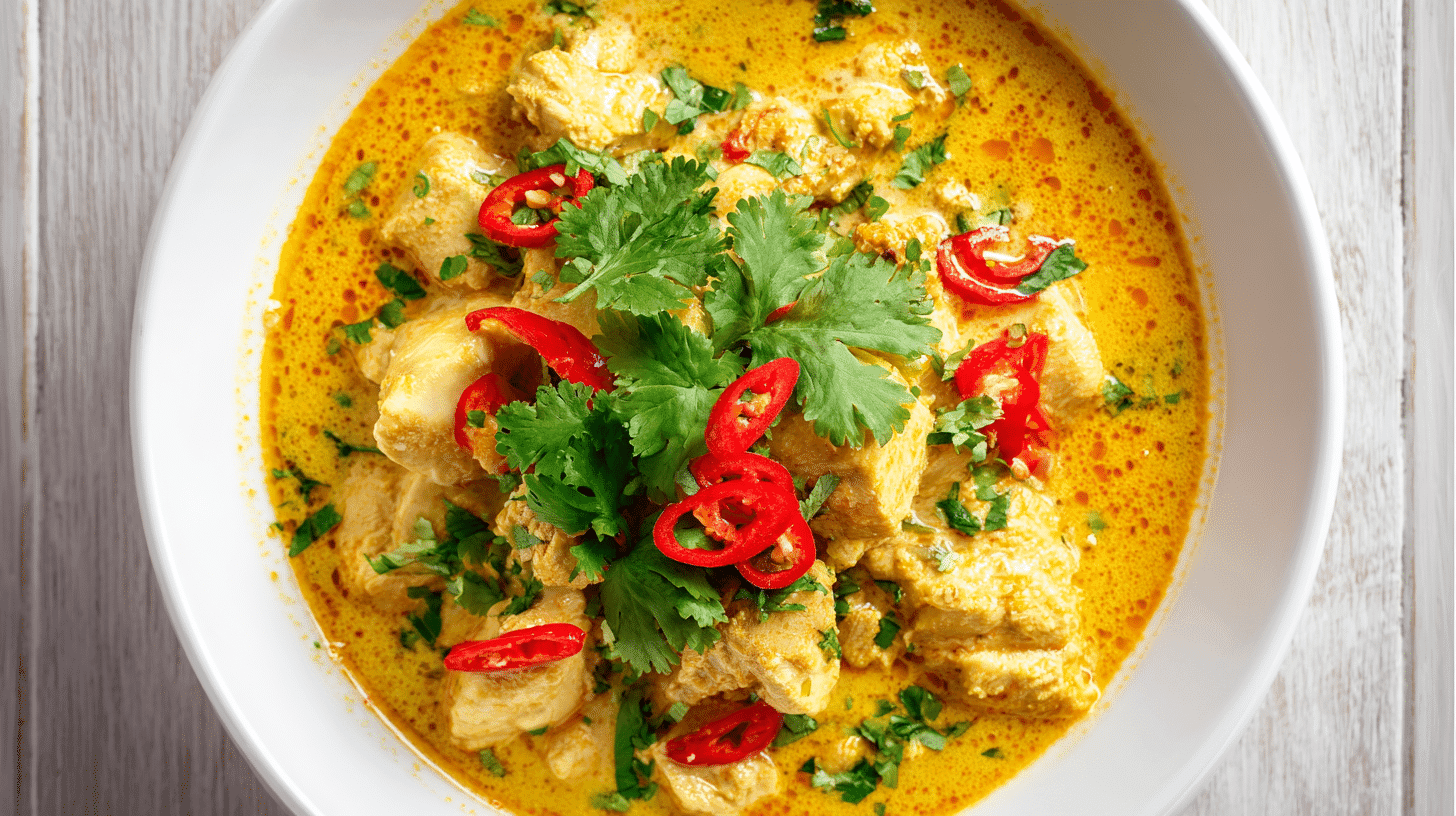 Crockpot Thai Chicken Curry Soup in white bowl with herbs