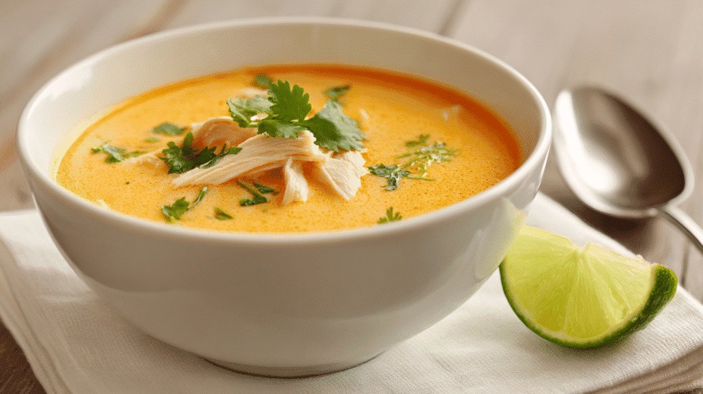 Served Thai Chicken Soup with Sweet Potato and Lime