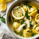 Lemon Chicken Tortellini Soup served in a white bowl with herbs