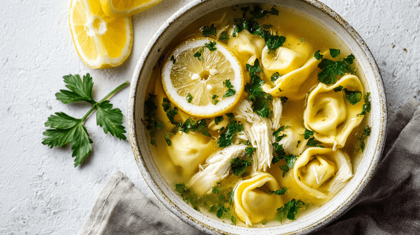 Lemon Chicken Tortellini Soup served in a white bowl with herbs