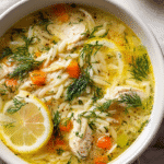 Lemon-Garlic Chicken & Orzo Soup in a white bowl