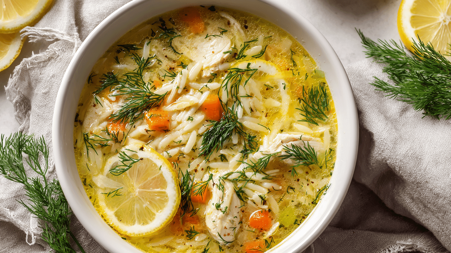 Lemon-Garlic Chicken & Orzo Soup in a white bowl