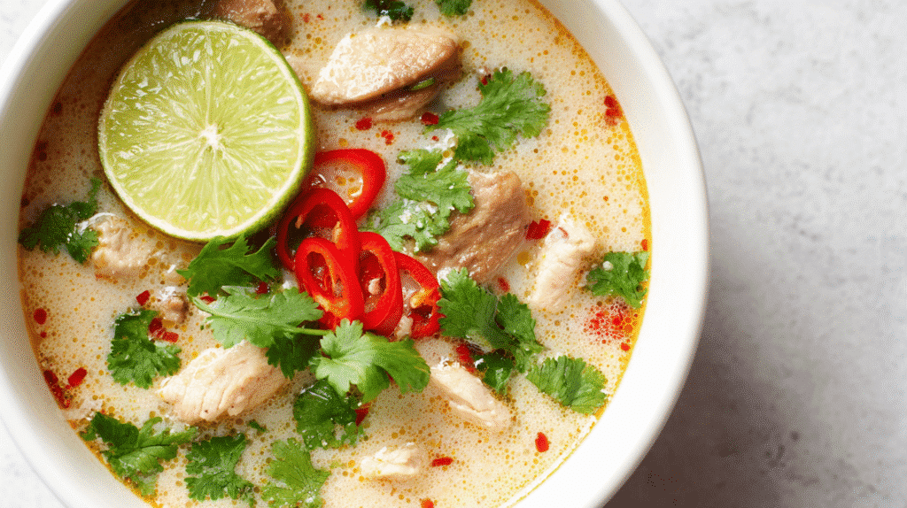 Low-carb Thai chicken soup with coconut milk, chili, and herbs in white bowl