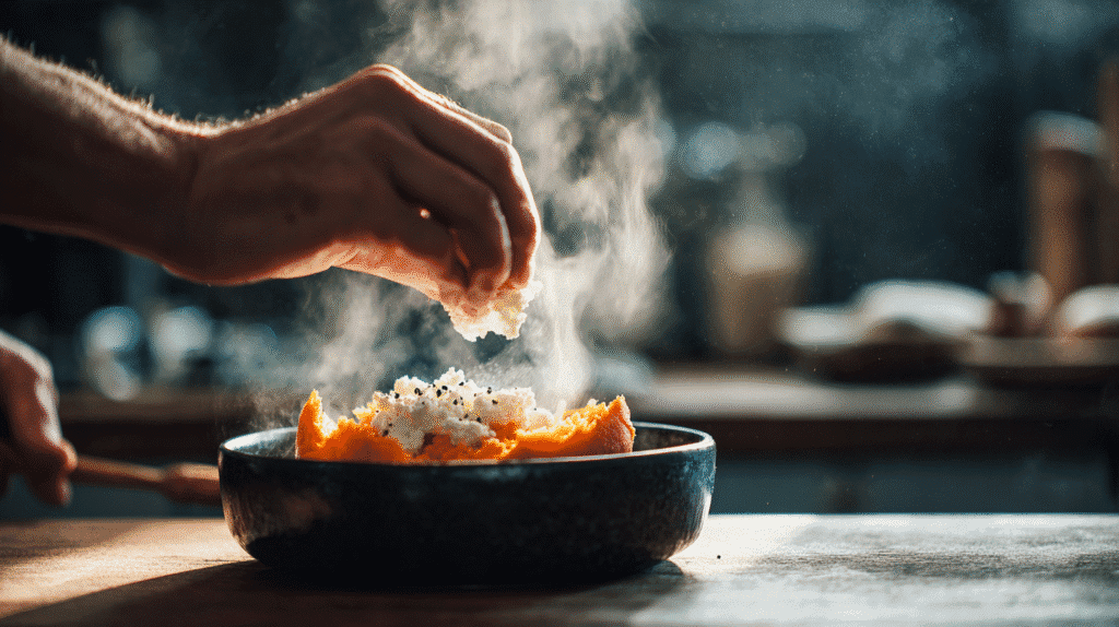 Cottage cheese added to sweet potato bowl