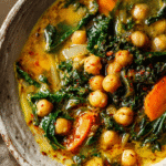 Penicillin Soup with Garlic and Greens in rustic bowl