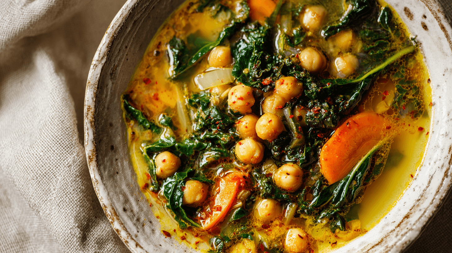 Penicillin Soup with Garlic and Greens in rustic bowl