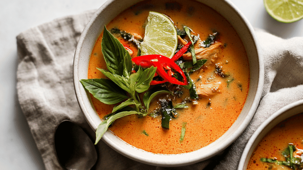 Served Crockpot Thai Chicken Curry Soup with basil and lime