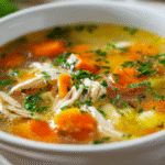 Cold-Season Chicken Soup with Herbs served in a white bowl