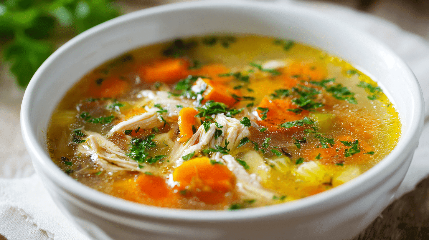 Cold-Season Chicken Soup with Herbs served in a white bowl