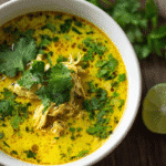 Turmeric Chicken & Coconut Soup served in a white bowl with cilantro and lime