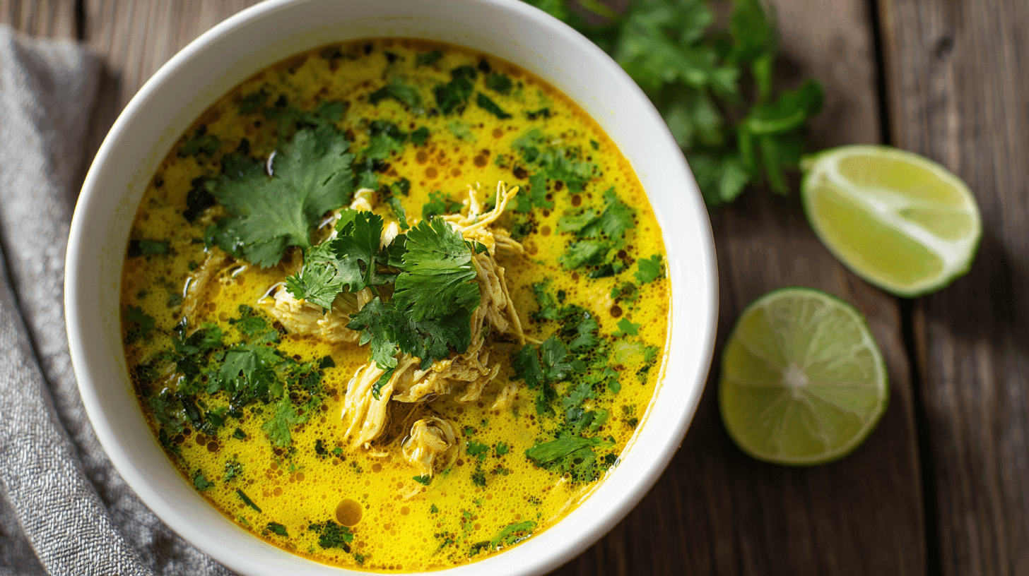 Turmeric Chicken & Coconut Soup served in a white bowl with cilantro and lime