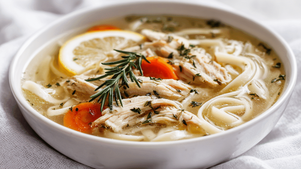 Bowl of Cozy Healing Chicken Noodle Soup ready to serve