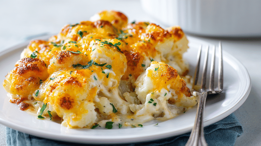 Serving of cheesy garlic ranch potato bake on a white plate