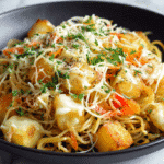 Cheesy Potato Noodle Stir-Fry close-up in bowl