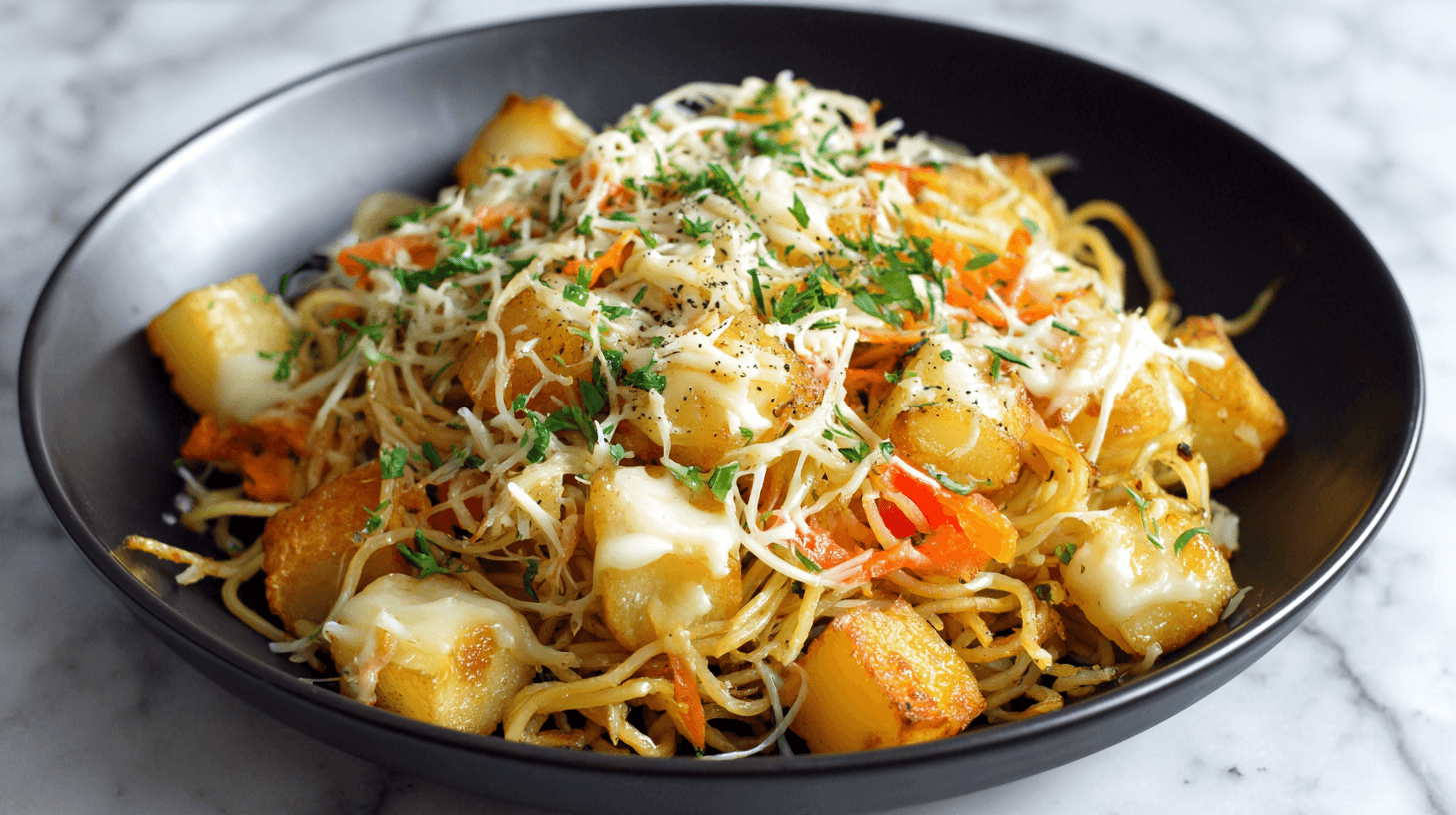 Cheesy Potato Noodle Stir-Fry close-up in bowl