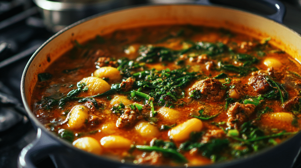 Dairy free Italian sausage gnocchi soup cooking in a pot