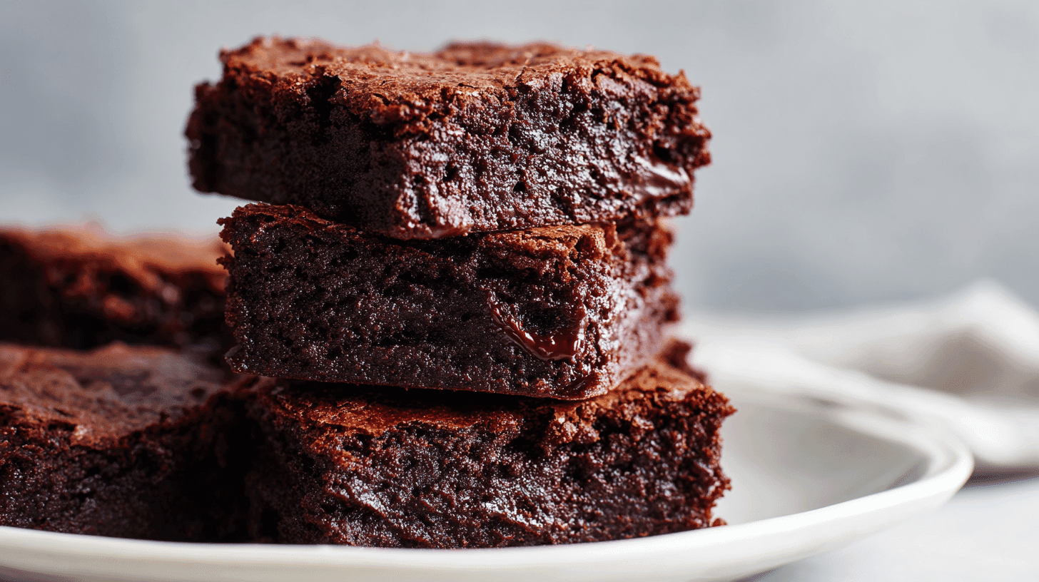 Dairy Free Double Chocolate Brownies on white plate close-up