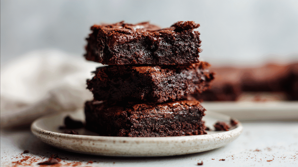Close-up stack of eggless Oreo brownies on a plate